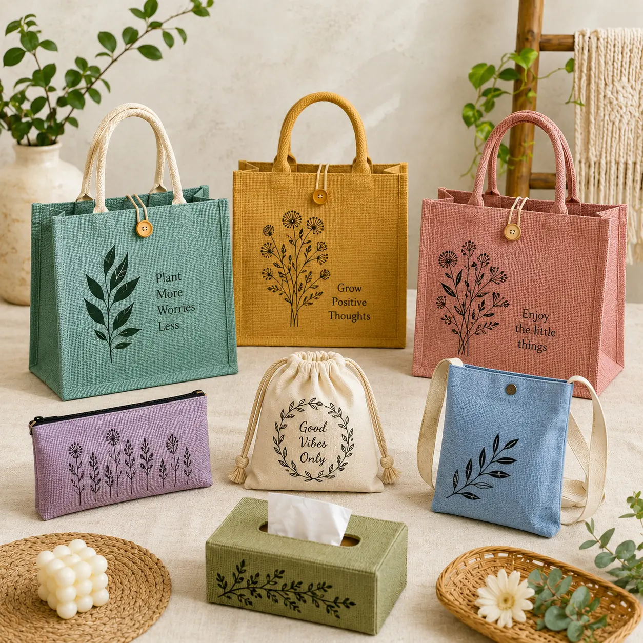 Colourful jute cotton tote bags wholesale printed India — Vadalo Ventures