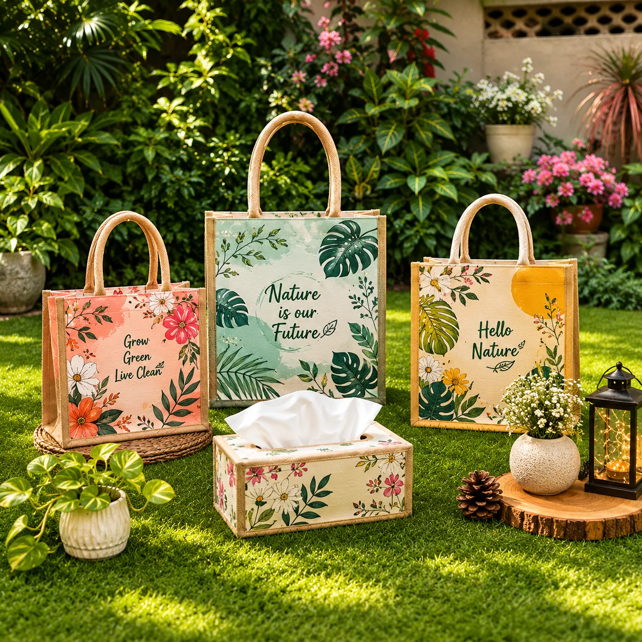 Custom printed jute bags floral nature collection India — Vadalo Ventures