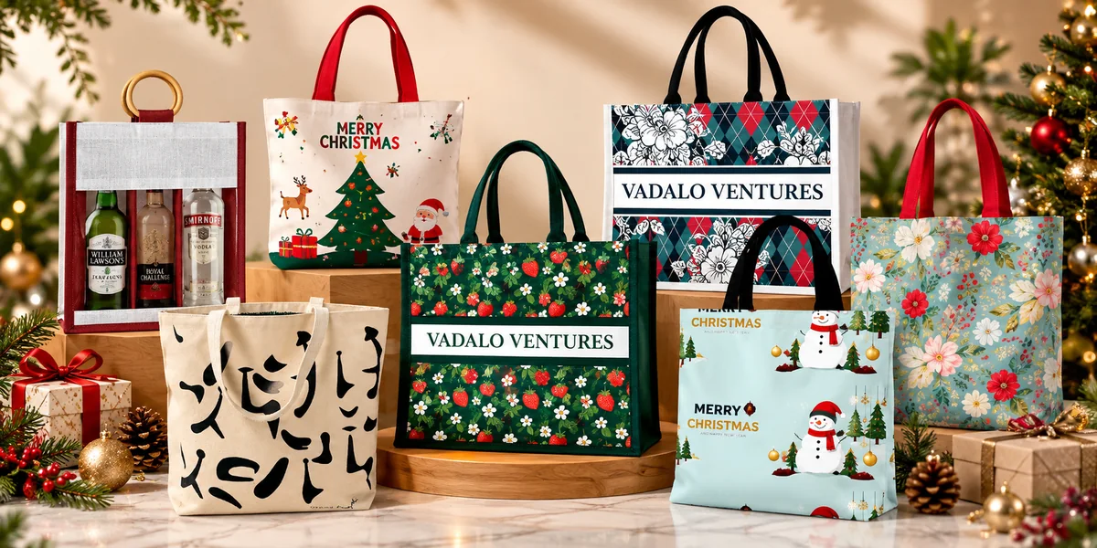 Custom printed cotton tote bags manufacturer India — Christmas gift bags and wine bottle bags by Vadalo Ventures